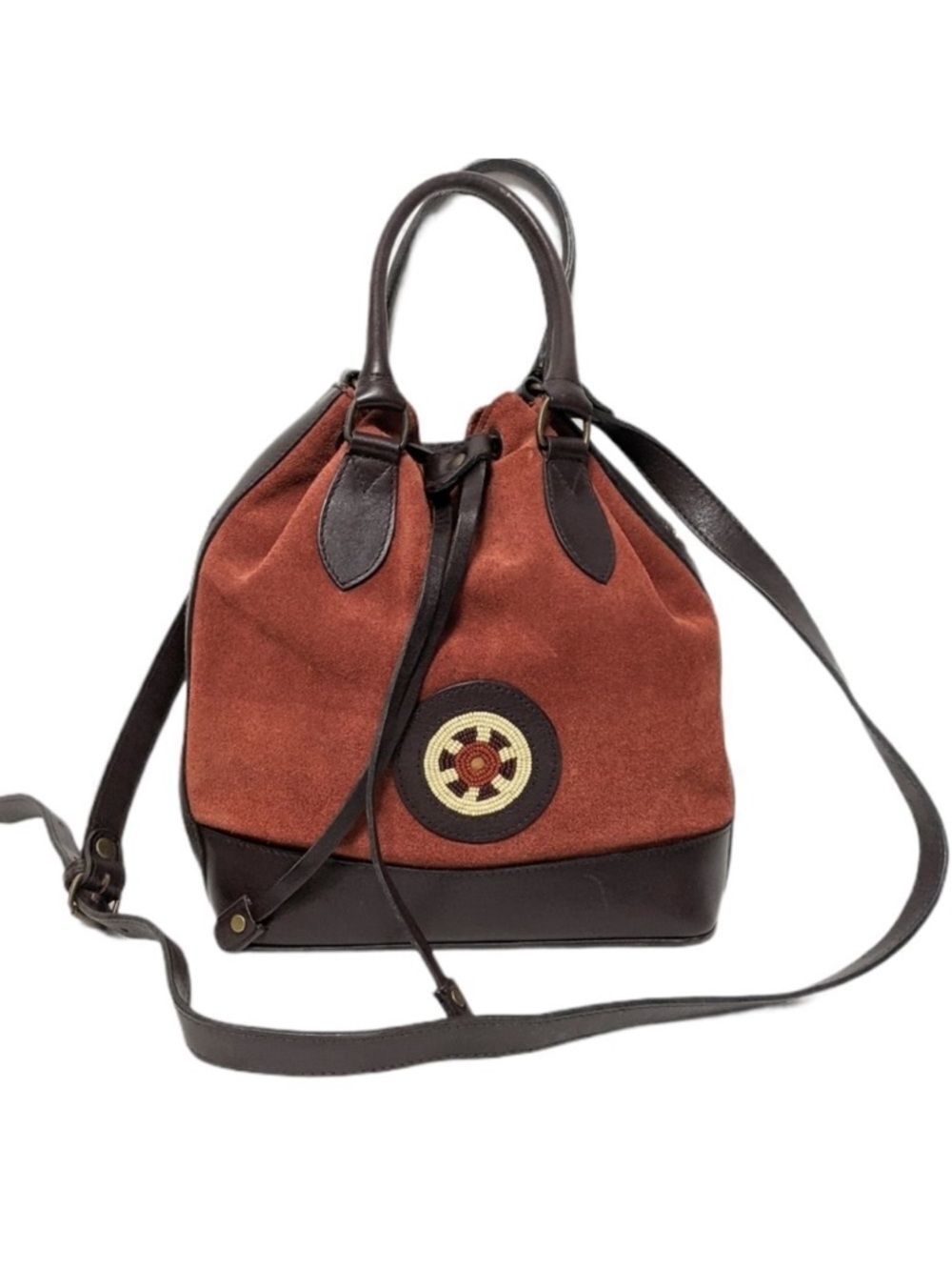 Southwestern Suede Beaded Crossbody Bucket Bag